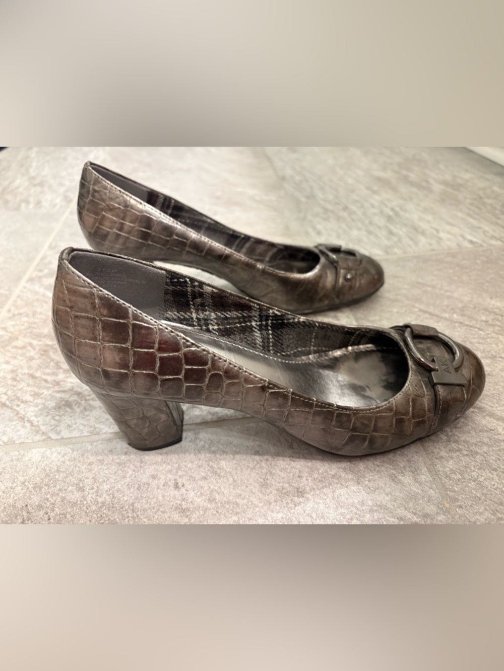 Anne Klein Metallic Gunmetal Croc-Embossed Block Heels